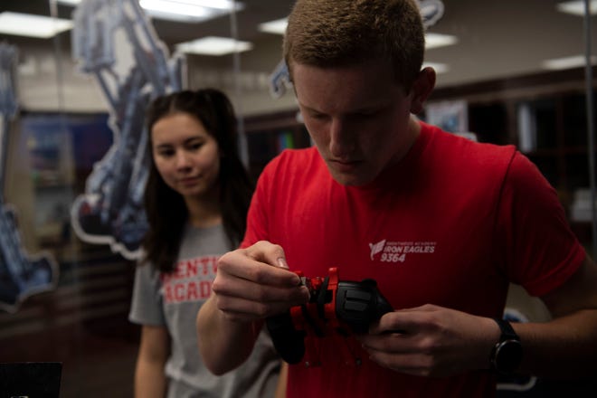 Patrick Melton and  Tate Cho prepare to show a demonstration of the robot they built at Brentwood Academy in Brentwood, Tenn., Friday, May 20, 2022.Brentwood Academy is 1 of 2 Williamson schools (public and private) that made it to a VEX Robotics World Championships in Dallas this year. 