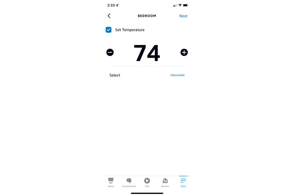 Screenshot of setting a temperature on a thermostat with the Amazon Alexa app